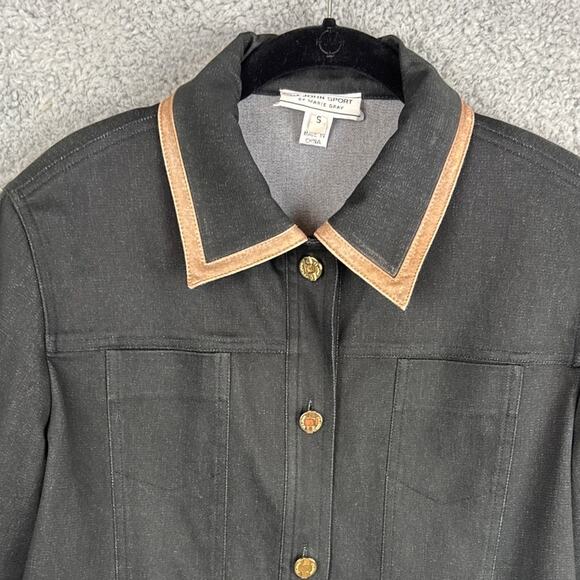 Vintage St. John Black Denim Jacket Leather Trim Signature Gold Buttons Size S - Picture 3 of 12